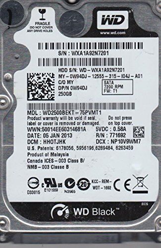 2500BEKT-75PVMT1, DCM HHOTJHK, Western Digital 250GB SATA 2.5 Hard Drive