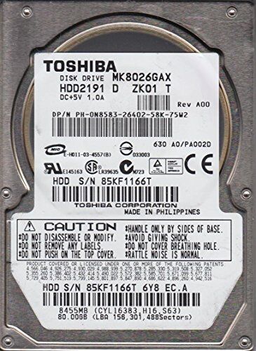 Toshiba MK8026GAX, A0/PA002D, HDD2191 D ZK01 T, 80GB IDE 2.5 Hard Drive
