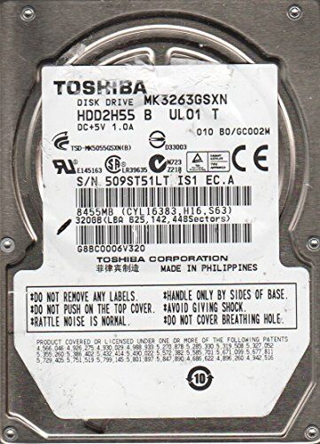 Toshiba MK3263GSXN, B0/GC002M, HDD2H55 B UL01 T,  320GB SATA 2.5 Hard Drive