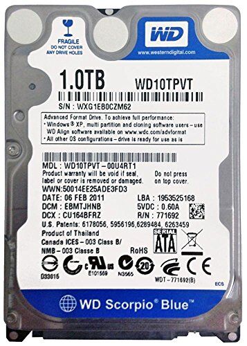 Western Digital WD10TPVT Scorpio 1TB Hard-Disk interno ( 6,4 cm (2,5 pollici), 5400rpm, Cache 8MB , SATA)