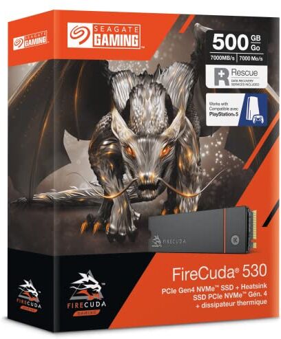 Seagate FireCuda 530, 500 GB, Internal Solid State Drive M.2 PCIe Gen4 ×4 NVMe 1.4, transfer speeds up to 7,000 MB/s, 3D TLC NAND, 640 TBW, Heatsink, 3 year Rescue Services (ZP500GM3A023)