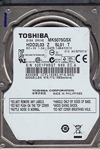 Toshiba MK5075GSX, A0/GT001U, HDD2L03 Z SL01 T, 500GB SATA 2.5 Hard Drive