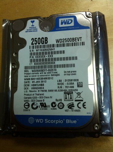 Western Digital WD2500BEVT Scorpio Blue 250GB Hard-Disk interno (6,4 cm (2,5 pollici), 5400RPM, 8MB Cache, SATA)