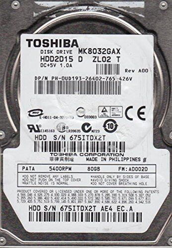 Toshiba MK8032GAX, HDD2D15 D ZL02 T, 80GB IDE 2.5 Hard Drive