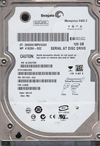 Seagate ST9120822AS, 5LZ, WU, PN 9S1133-022, FW 3.BHE, 120 GB SATA 2.5 Hard Drive