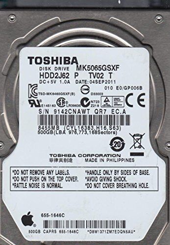 Toshiba MK5065GSXF, HDD2J62 P TV02 T,  500GB SATA 2.5 Hard Drive