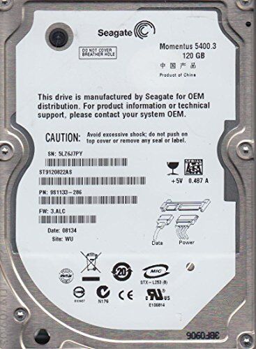 Seagate ST9120822AS, 5LZ, WU, PN 9S1133-286, FW 3.ALC,  120GB SATA 2.5 Hard Drive