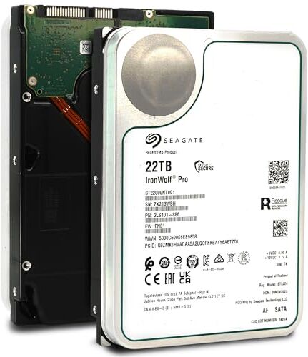 Seagate IronWolf Pro Disco rigido interno NAS 22 TB, 3,5", 7200 giri/min, CMR, 256 MB di cache, SATA 6 GB/S, con 3 anni di servizio Rescue N° modello ST22000NT01 (ricondizionato)