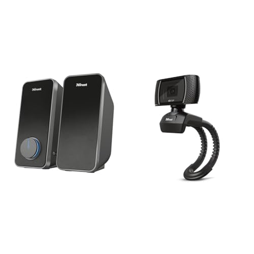 Trust Altoparlanti, Nero, 28 W & Trino Webcam HD con Microfono Incorporati, 1280 x 720, USB 2.0, Video Camera per PC