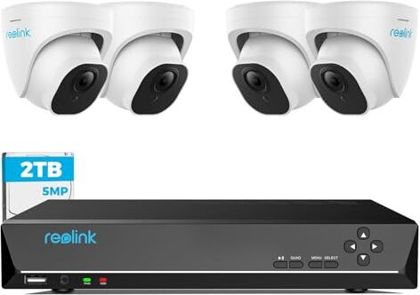 Reolink 5MP Kit Videosorveglianza Poe, NVR 8CH 4K 2TB + 4X 5MP Telecamere Esterno Poe Impermeabile, Rilevamento Intelligente di Uomo e Veicolo, Visione Notturna a 30 Metri, RLK8-520D4-5MP