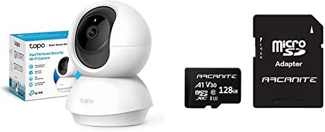 TP-Link Telecamera Wi-Fi Interno Tapo C210, Videocamera sorveglianza 3MP, Visione Notturna & ARCANITE, 128 GB microSDXC scheda di memoria con adattatore SD, A1