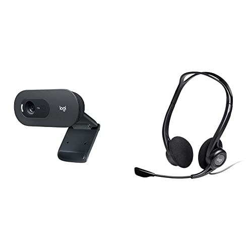 Logitech C505 Webcam HD Videocamera USB Esterna 720p HD per Desktop o Laptop & PC960 Cuffie Cablate per Computer, Cuffie Stereo con Microfono, Cancellazione di Rumore