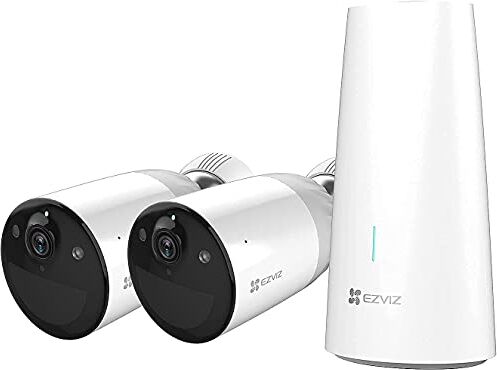 EZVIZ BC1 Telecamere Senza Fili da Esterno 1080p, con Wi-Fi, a Batteria con Durata 365 Giorni, Visione Notturna a Colori, Audio Bidirezionale, Kit da 2 Telecamere con 1 Base, Alexa