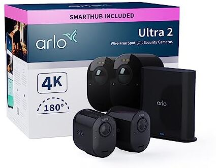 Arlo Ultra 2 Telecamera WiFi Esterno Senza Fili, Telecamera WiFi Interno, 4K UHD, Sirena Allarme Casa, Sensore Di Movimento, Audio Bidirezionale, Prova  Secure Inclusa, 2 Telecamere, Nere