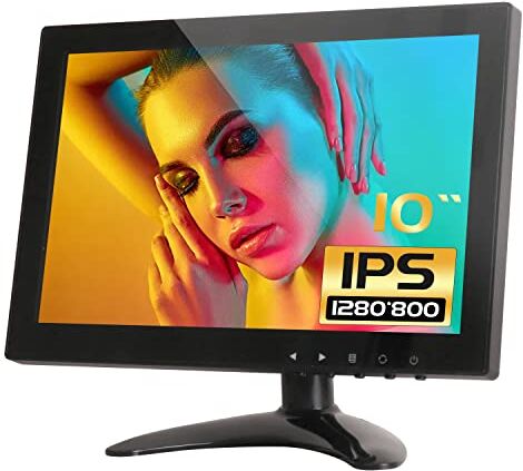 WHOLEV Monitor CCTV IPS LCD HDMI 10,1 Pollici Ampio Angolo di Visuale con AV/VGA/HDMI/BNC/AUX/porte Audio Integrato, Per la Sicurezza della Casa, Telecamera CCTV IP, Schermo del PC