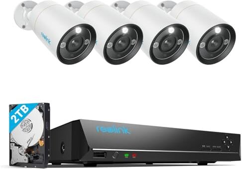 Reolink 12MP Kit Videosorveglianza PoE, NVR 8CH 2TB e 4x Telecamera Esterno Interno con Faretto, Rilevamento di Persona/Veicolo/Pet, Audio Bidirezionale, Sistema Espandibile a 12TB, RLK8-1200B4-A