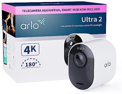 Arlo Ultra 2 Telecamera WiFi Esterno Senza Fili, Telecamera WiFi Interno, 4K UHD, Sirena Allarme Casa, Sensore Di Movimento, Stazione Base Necessaria (Venduta A Parte), 1 Telecamera Aggiuntiva, Bianca