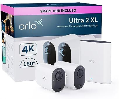 Arlo Ultra 2 XL Telecamera WiFi Esterno Senza Fili, Telecamera WiFi Interno, 4K, Sirena Allarme Casa, Sensore Di Movimento, Stazione Base Necessaria (Venduta A Parte), 1 Telecamera Aggiuntiva, Nera