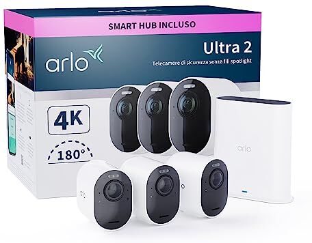 Arlo Ultra 2 Telecamera WiFi Esterno Senza Fili, Telecamera WiFi Interno, 4K UHD, Sirena Allarme Casa, Sensore Di Movimento, Audio Bidirezionale, Prova  Secure Inclusa, 3 Telecamere, Bianche