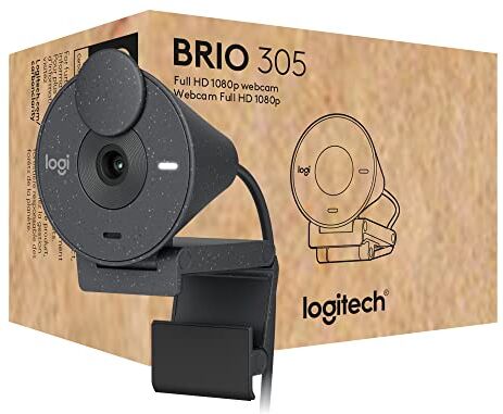 Logitech Brio 305 Webcam Full HD 1080P, copriobiettivo per proteggere la Privacy, Microfoni Mono, Riduzione del Rumore, USB-C, Correzione della Luce, Zoom, Microsoft Teams, Google Meet Grafite