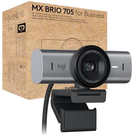 Logitech Webcam MX Brio 705 for Business 4K con Correzione Automatica della Luminosità, Ultra HD, Inquadratura Automatica, Show Mode, USB-C, Compatibile con Microsoft Teams, Zoom, Google Meet, Grafite