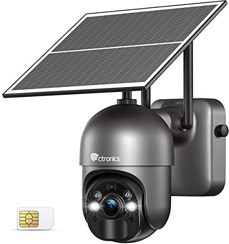 ctronics 3G/4G LTE Telecamera SIM Esterno con Pannello Solare, 2K 3MP  355°/95° PTZ Videocamera Sorveglianza Senza Fili, Visione Notturna a Colori, Rilevamento Umano PIR, Audio Bidirezionale, Grigio