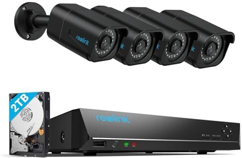 Reolink 4K PoE Kit Telecamere Videosorveglianza, Rilevamento Uomo/Veicolo, NVR 8CH 2TB + 4x Telecamera Esterno, Visione Notturna Infrarossa 30m, Espandibile a 12TB, Impermeabile IP67, RLK8-800B4 Nero