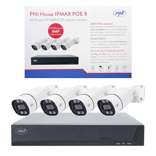 PNI House IPMAX POE-8 Kit Videosorveglianza con NVR e 4 Telecamere-IP, Risoluzione 8MP, Visione Notturna, Rilevazione di movimento, Impermeabile IP66, Compatibile con tecnologia-IP