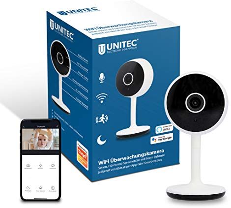 Unitec Telecamera di sorveglianza intelligente WiFi, Full HD, rilevamento di movimento e rumore, funzione visione notturna, 1 pezzo (confezione da 1)