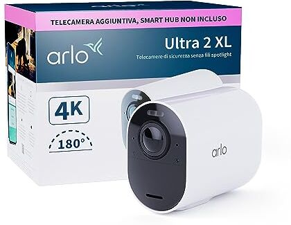 Arlo Ultra 2 XL Telecamera WiFi Esterno Senza Fili, Telecamera WiFi Interno, 4K, Sirena Allarme Casa, Sensore Di Movimento, Stazione Base Necessaria (Venduta A Parte), 1 Telecamera Aggiuntiva, Bianca