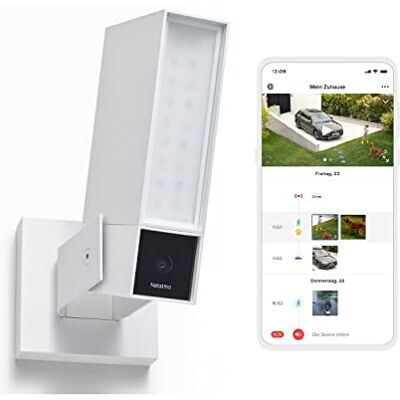 Netatmo Telecamera di sorveglianza esterna intelligente con sirena da 105 dB, WiFi, illuminazione integrata, rilevamento del movimento, visione notturna, senza abbonamento, bianca, Netatmo Telecamera di sorveglianza esterna intelligente con sirena da 105 dB, WiFi, illuminazione integrata, rilevamento del movimento, visione notturna, senza abbonamento, bianca,