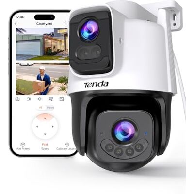 Tenda CH9 Telecamera Wi-Fi Esterno Doppia Lente 2K+2K Punti salienti: Wi‑Fi 6, 2K+2K, PTZ 360° automatico, visione notturna a colori, allarme, rilevamento persone/veicoli, IP65 Tenda CH9 Telecamera Wi-Fi Esterno Doppia Lente 2K+2K Punti salienti: Wi‑Fi 6, 2K+2K, PTZ 360° automatico, visione notturna a colori, allarme, rilevamento persone/veicoli, IP65