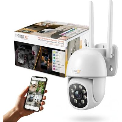 Technaxx Mini PT Telecamera Esterno – Telecamera WiFi 3MP 2K IP65 – 355° Pan 90° Tilt – Auto Tracking – Visione Notturna Colore & IR – WiFi 2.4 & 5GHz – Audio Bidirezionale – MicroSD 128GB TX-390 Technaxx Mini PT Telecamera Esterno – Telecamera WiFi 3MP 2K IP65 – 355° Pan 90° Tilt – Auto Tracking – Visione Notturna Colore & IR – WiFi 2.4 & 5GHz – Audio Bidirezionale – MicroSD 128GB TX-390