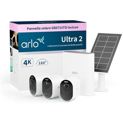 Arlo Ultra 2 Telecamera WiFi Esterno Senza Fili + Pannello Solare, Telecamera WiFi Interno, 4K UHD, Sensore Di Movimento, Audio Bidirezionale, Prova Secure Inclusa, 3 Telecamere, Bianche Arlo Ultra 2 Telecamera WiFi Esterno Senza Fili + Pannello Solare, Telecamera WiFi Interno, 4K UHD, Sensore Di Movimento, Audio Bidirezionale, Prova Secure Inclusa, 3 Telecamere, Bianche