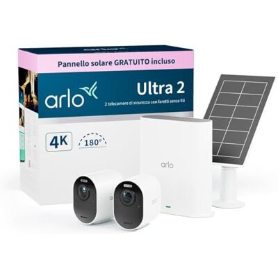 Arlo Ultra 2 Telecamera WiFi Esterno Senza Fili + Pannello Solare, Telecamera WiFi Interno, 4K UHD, Sensore Di Movimento, Audio Bidirezionale, Prova Secure Inclusa, 2 Telecamere, Nere Arlo Ultra 2 Telecamera WiFi Esterno Senza Fili + Pannello Solare, Telecamera WiFi Interno, 4K UHD, Sensore Di Movimento, Audio Bidirezionale, Prova Secure Inclusa, 2 Telecamere, Nere