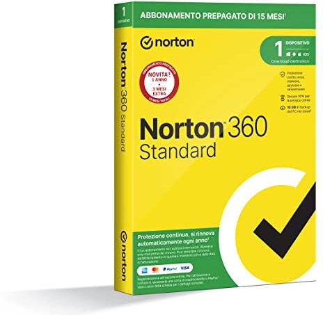 Symantec 360 Standard 2024, Antivirus per 1 dispositivo, Licenza di 15 mesi con rinnovo automatico, PC, Mac, tablet e smartphone