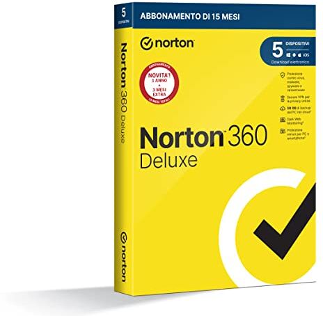 Symantec 360 Deluxe 2024, Antivirus per 5 dispositivi, Licenza di 15 mesi, PC, Mac, tablet e smartphone