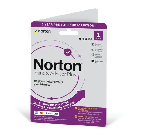 NortonLifeLock Norton Identity Advisor Plus 2023   1-year subscription with automatic renewal   1 Device   1 User   PC/Mac/Mobile   Activation Code by Post