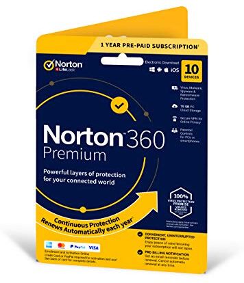 NortonLifeLock Norton 360 Premium 2020   10 Devices   1 Year   Includes Secure VPN and Password Manager   PCs, Mac, smartphones and tablets   Activation Code by Post