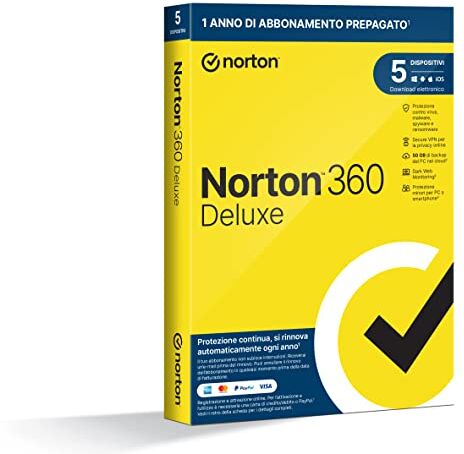 Symantec 360 Deluxe 2024, Antivirus per 5 dispositivi, Licenza di 1 anno con rinnovo automatico, PC, Mac, tablet e smartphone