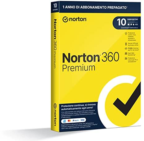 Symantec 360 Premium 2024, Antivirus per 10 dispositivi, Licenza di 1 anno con rinnovo automatico, PC, Mac, tablet e smartphone