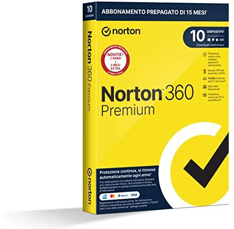 Symantec 360 Premium 2024, Antivirus per 10 dispositivi, Licenza di 15 mesi con rinnovo automatico, PC, Mac, tablet e smartphone