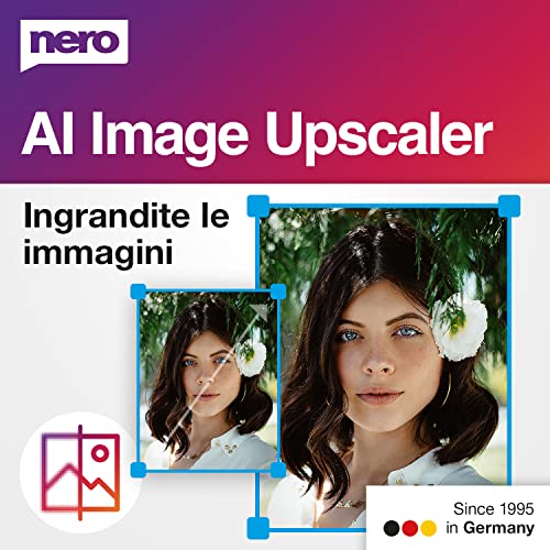 Nero AI Image Upscaler   Nitidezza delle foto   Ingrandimento delle immagini   Scala fino a 4K   Ottimizzazione delle foto   Facile riaffilatura   Windows 11 / 10   Licenza annuale
