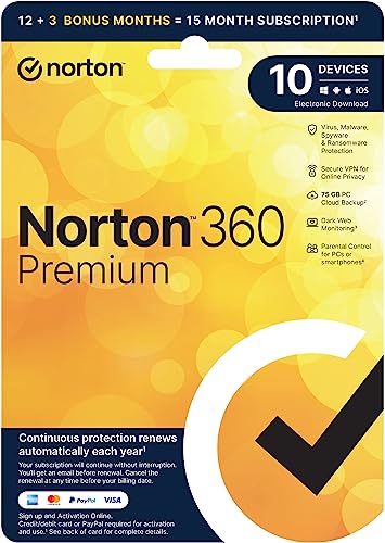 NortonLifeLock Norton 360 Premium 2023 Antivirus software for 10 Devices, 15 Months subscription Premium 10 Device 15 Months PC Download