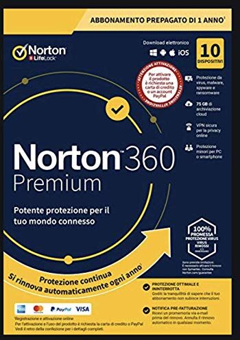 Symantec Norton 360 Premium, 10 Dispositivi, 1 Anno, 75GB Cloud Backup