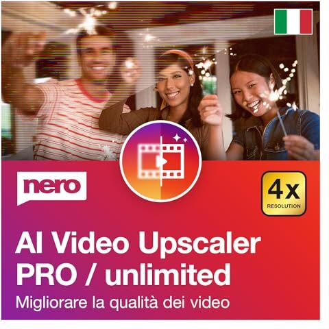 Nero AI Video Upscaler Pro Unlimited  Migliora la qualità video   Intelligenza artificiale   Alta risoluzione   Riduzione del rumore   Vari modelli AI   Licenza illimitata   1 PC   Windows 11 / 10