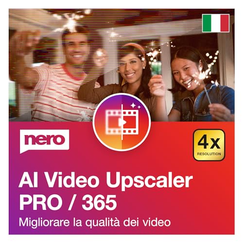 Nero Video Upscaler Pro 365   AI   Migliora la qualità video   Intelligenza artificiale   Alta risoluzione   Riduzione del rumore   AI   Vari modelli di AI   Licenza annuale   1 PC   Windows 11 / 10