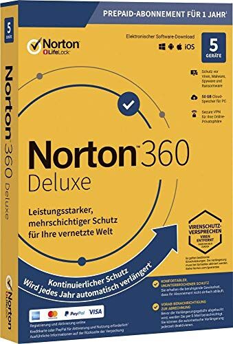 Symantec Norton Life Lock 360 Deluxe 50GB GE 1 User 5 Device 12MO Jahreslicenza, 5 licenzaen Windows, Mac, Andr