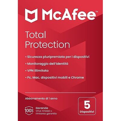 McAfee Total Protection 5 dispositivo 2025 12 mesi VPN sicura, software di sicurezza che include antivirus, gestore delle password, monitoraggio dell'identità Consegna postale McAfee Total Protection 5 dispositivo 2025 12 mesi VPN sicura, software di sicurezza che include antivirus, gestore delle password, monitoraggio dell'identità Consegna postale