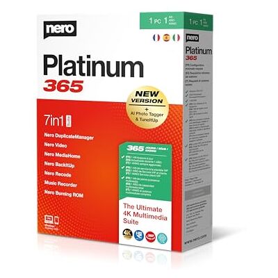 Nero Platinum 365 Suite Multimediale Completa Video Editing 4K/8K AI Gestione Foto Converti e Masterizza DVD/CD Backup & Ottimizzazione PC Licenza 1 Anno 1 PC Windows 11/10 Nero Platinum 365 Suite Multimediale Completa Video Editing 4K/8K AI Gestione Foto Converti e Masterizza DVD/CD Backup & Ottimizzazione PC Licenza 1 Anno 1 PC Windows 11/10